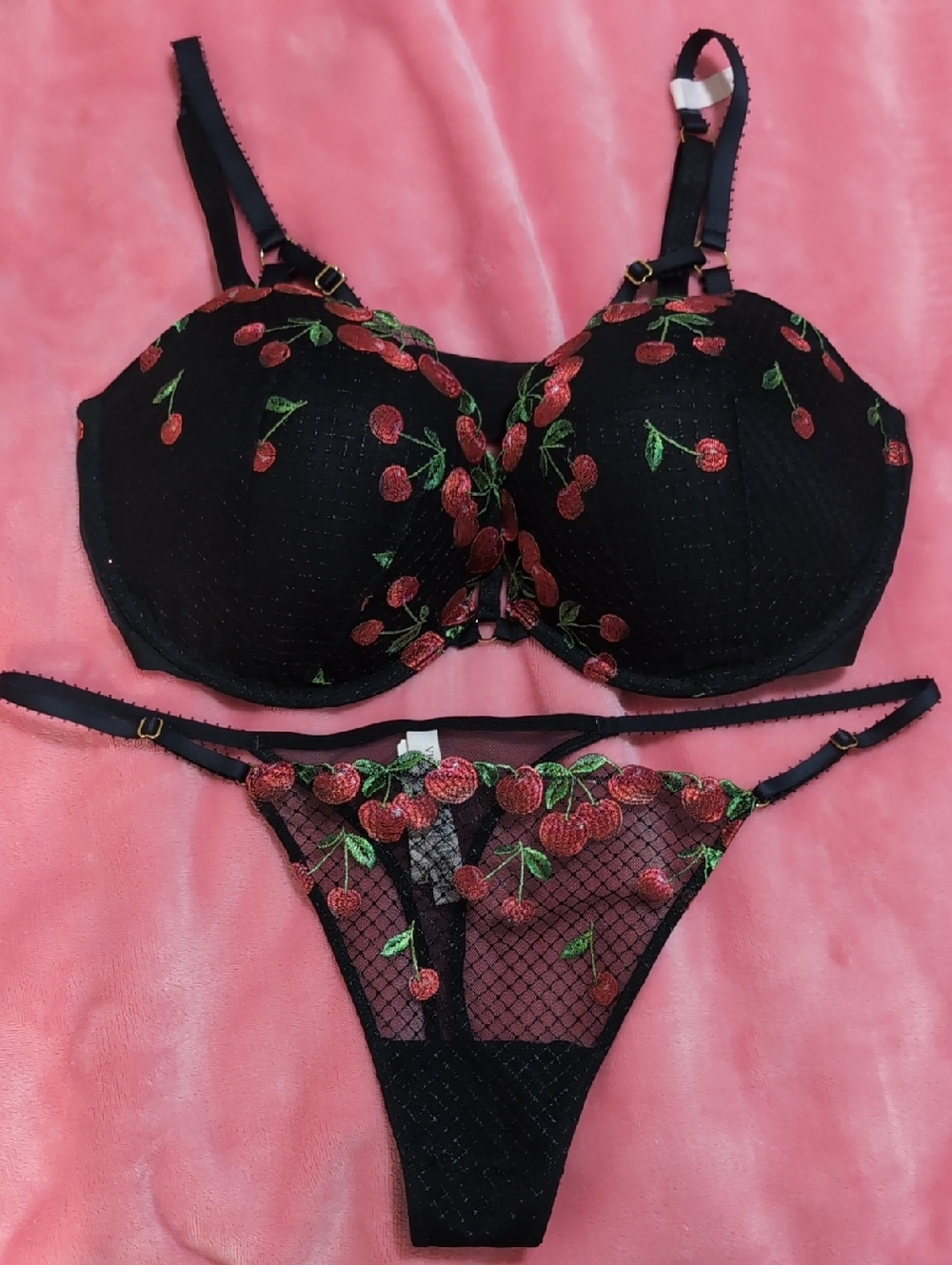 Victoria's Secret Black Bra & Thong Set with Red Cherry Embroidery